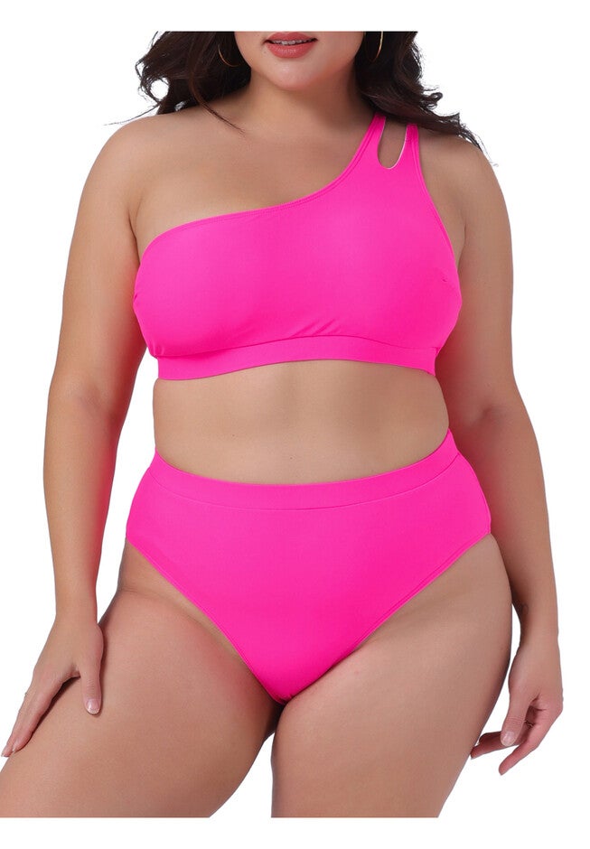 High Waisted Bikini Two Piece One Shoulder Keyhole Swimsuit, Hot Pink / Deep Fuchsia, alternate image number 1