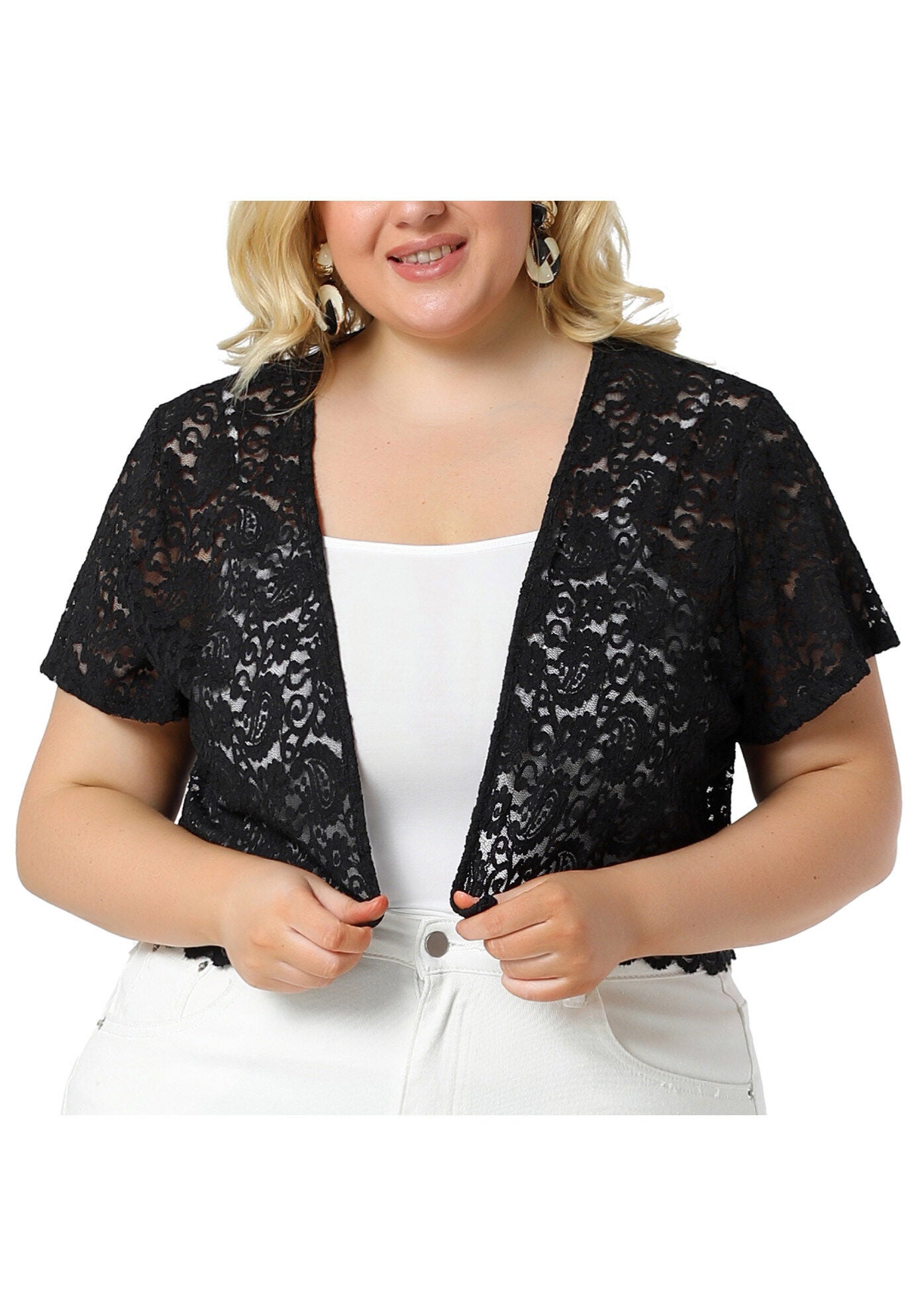 OPEN FRONT SHORT SLEEVE CROCHET LACE CROPPED BOLERO SHRUG CARDIGAN, Black / Black, alternate image number 1