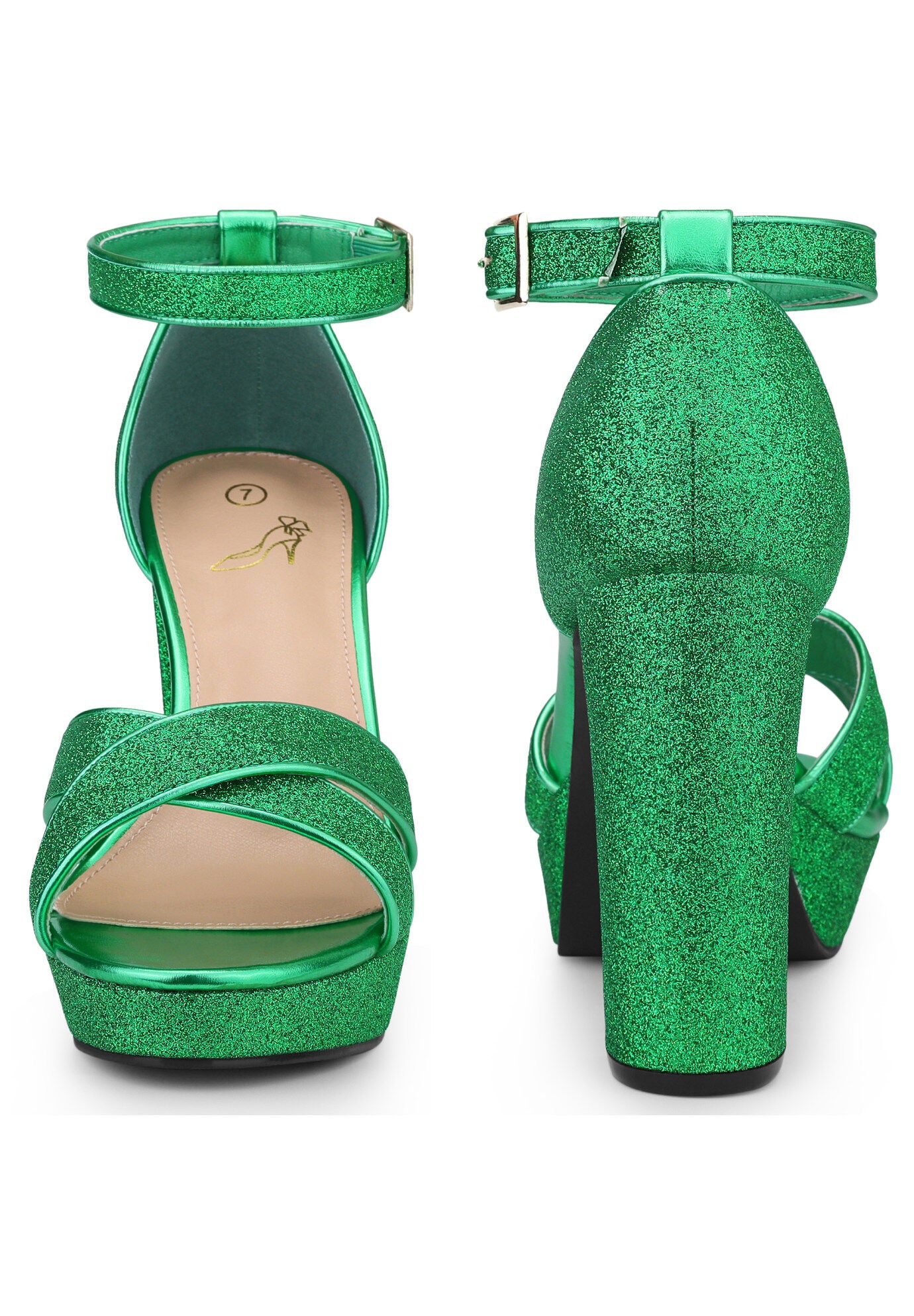 Glitter Platform Crisscross Strap Chunky Heels Sandals, Green / Kelly Green, alternate image number 1