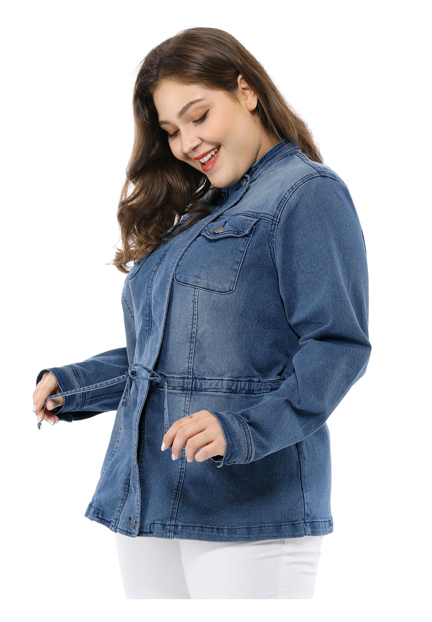 STRETCH STAND COLLAR ZIP DRAWSTRING DENIM JACKET, Blue / Azure Blue, alternate image number 2