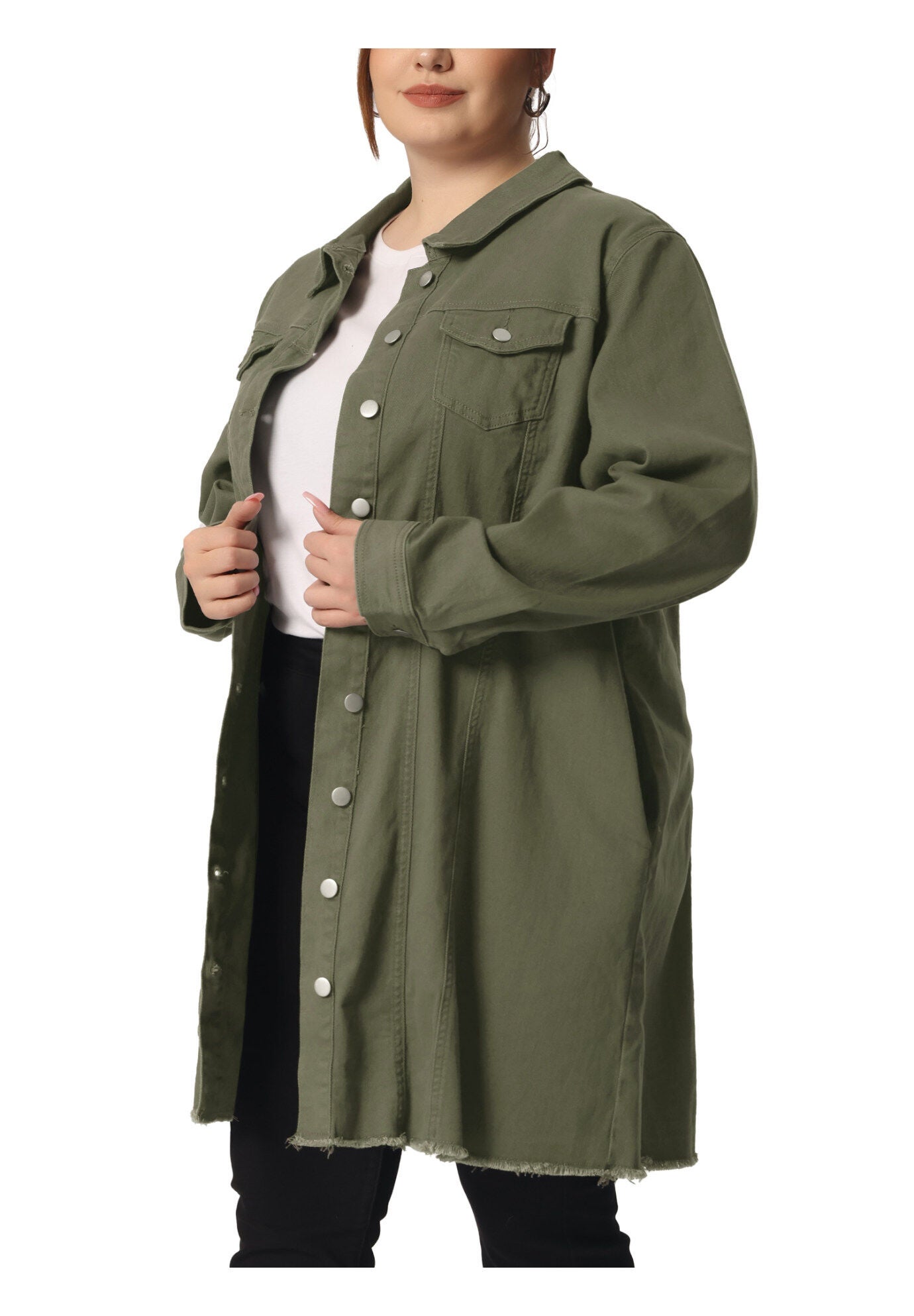 DISTRESSED BUTTON UP POCKET LONG DENIM JACKET, Green / Olive Green, alternate image number 1