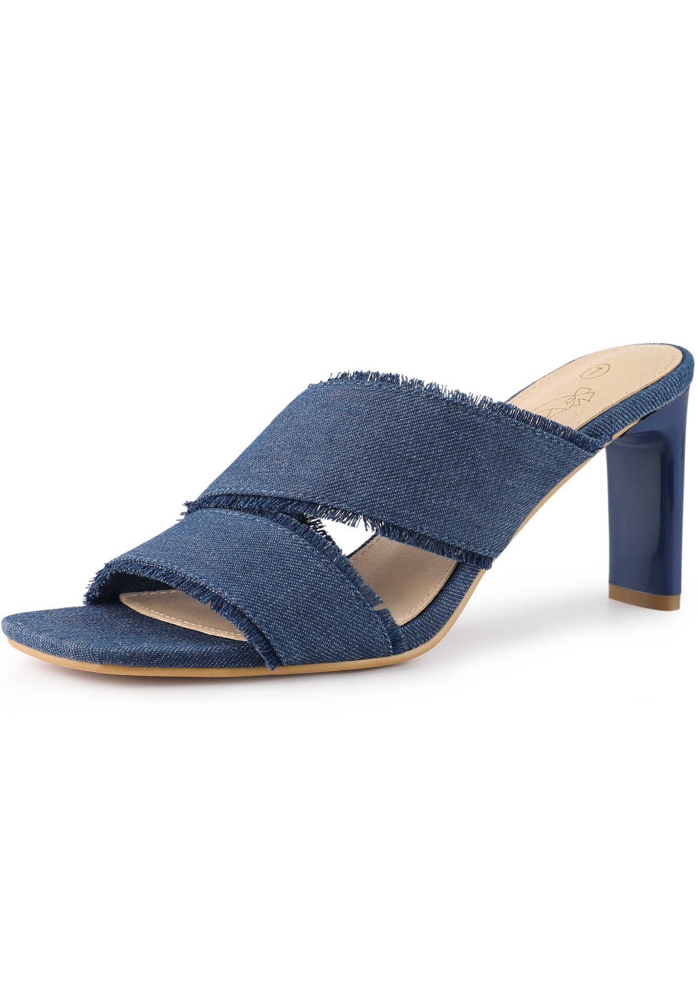 Denim Sandals Chunky Heels Slides Mules, Blue / Navy, alternate image number 3
