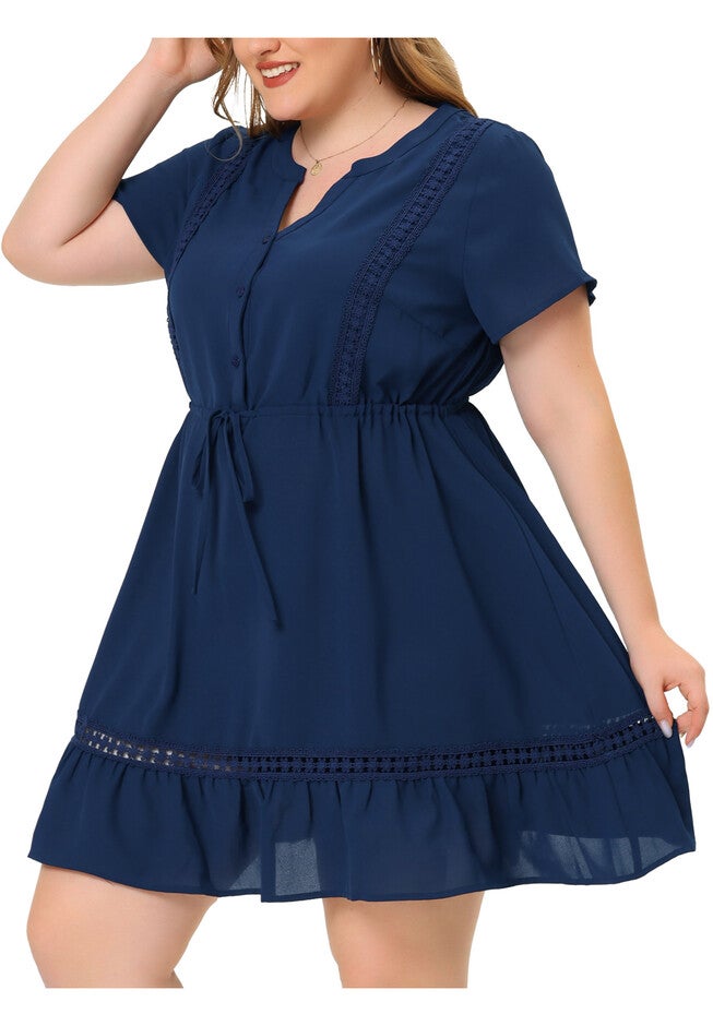 Button V Neck Summer Midi Ruffle A Line Swing Dress, Navy Blue / Navy, alternate image number null
