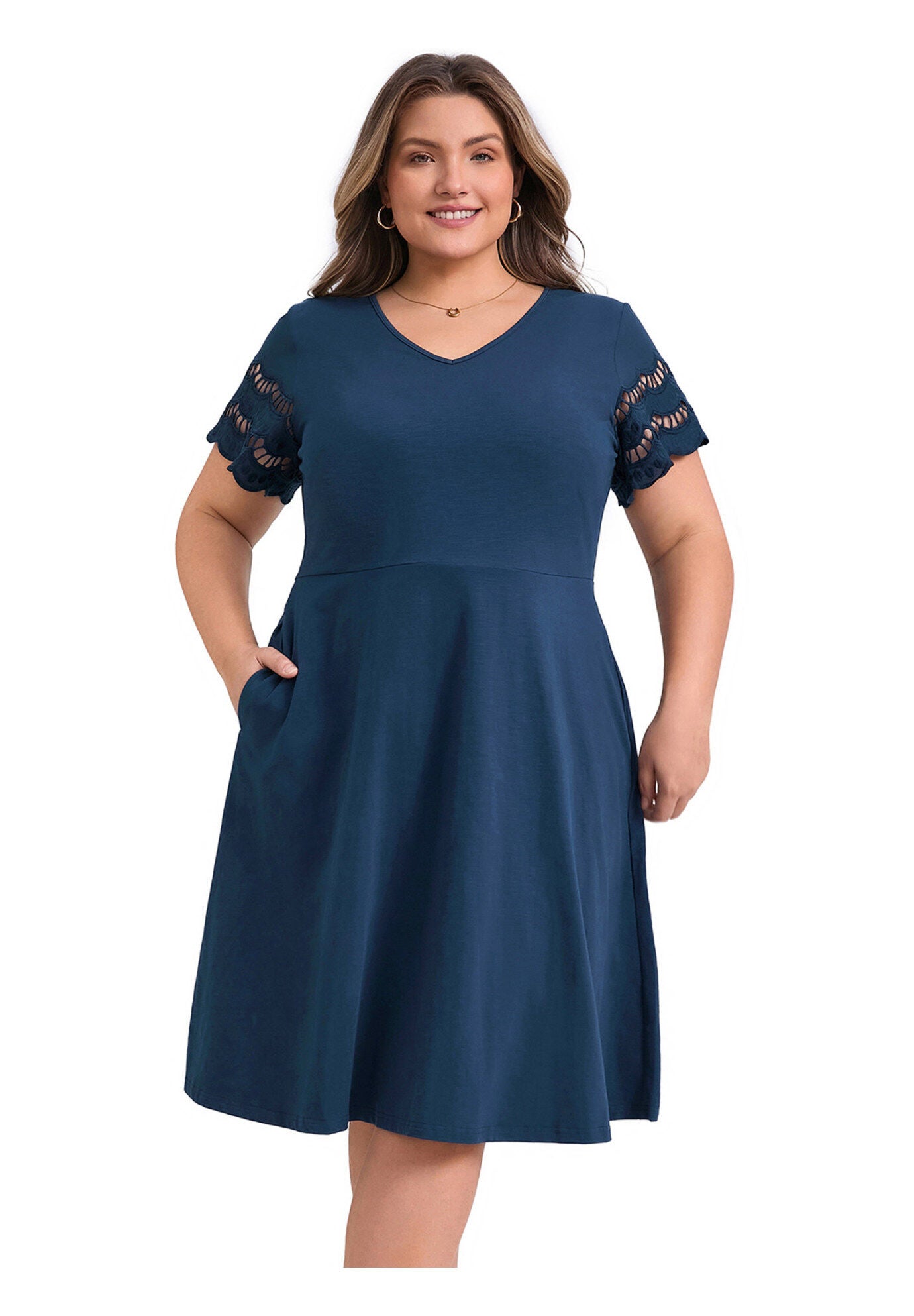 V Neck Embroidered Hollow Eyelet Short Sleeve Midi Casual Dress with Pockets, Navy Blue / Navy, hi-res image number 0