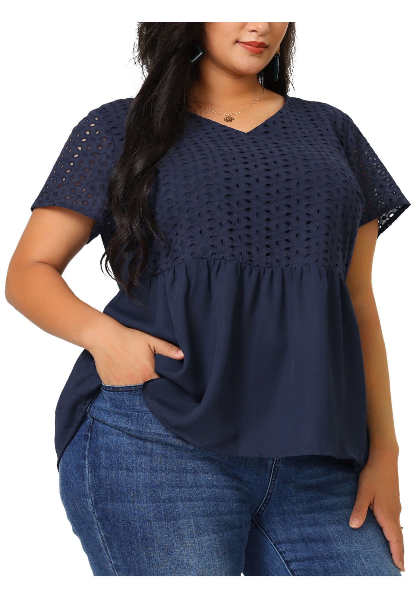 PEPLUM BLOUSE SUMMER SHORT SLEEVES V NECK BABYDOLL TOP, Dark Blue / Navy, alternate image number 2