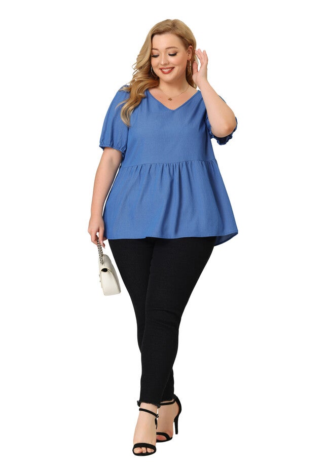 Summer Babydoll Top Puff Sleeve Chambray Short Sleeves Blouse, Blue / Chambray Denim Medium, hi-res image number 0