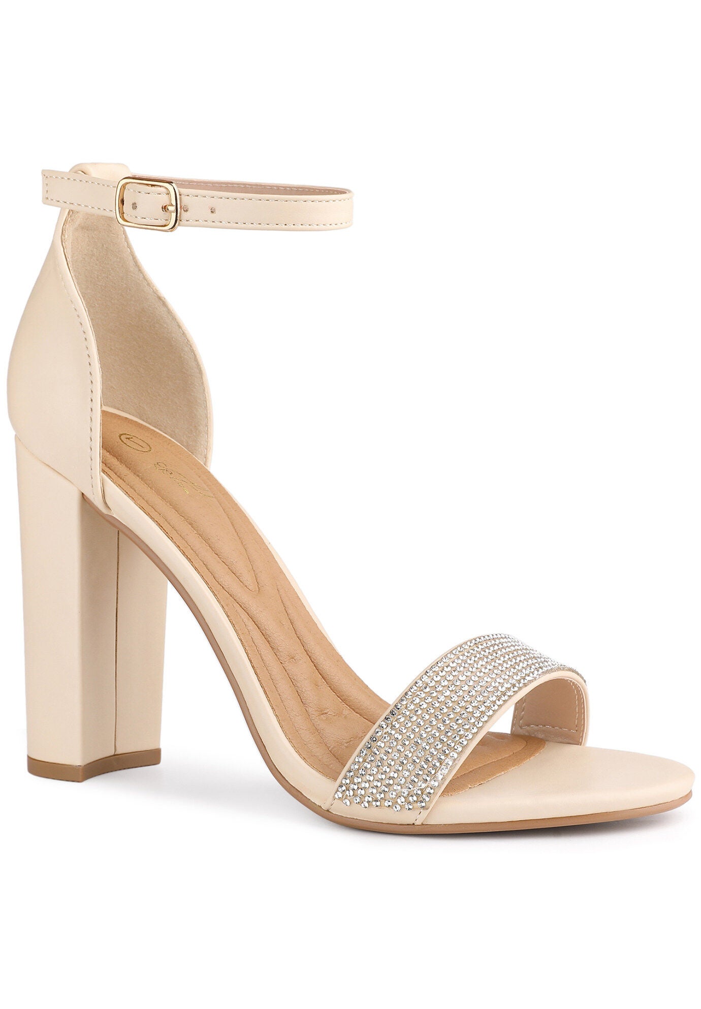 Open Toe Rhinestone Ankle Strap Chunky Heel Sandals, Beige / Beige, hi-res image number 0