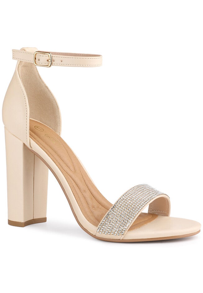 Open Toe Rhinestone Ankle Strap Chunky Heel Sandals, Beige / Beige, hi-res image number 0