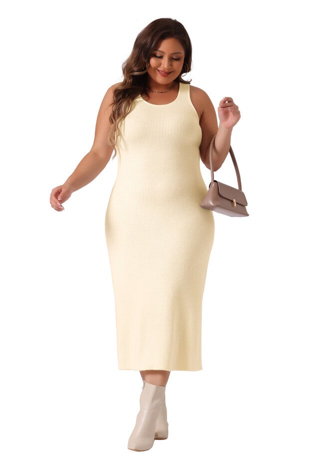 Crew Neck Sleeveless Knit Bodycon Midi Sweater Tank Dress, Beige / Beige, hi-res image number null