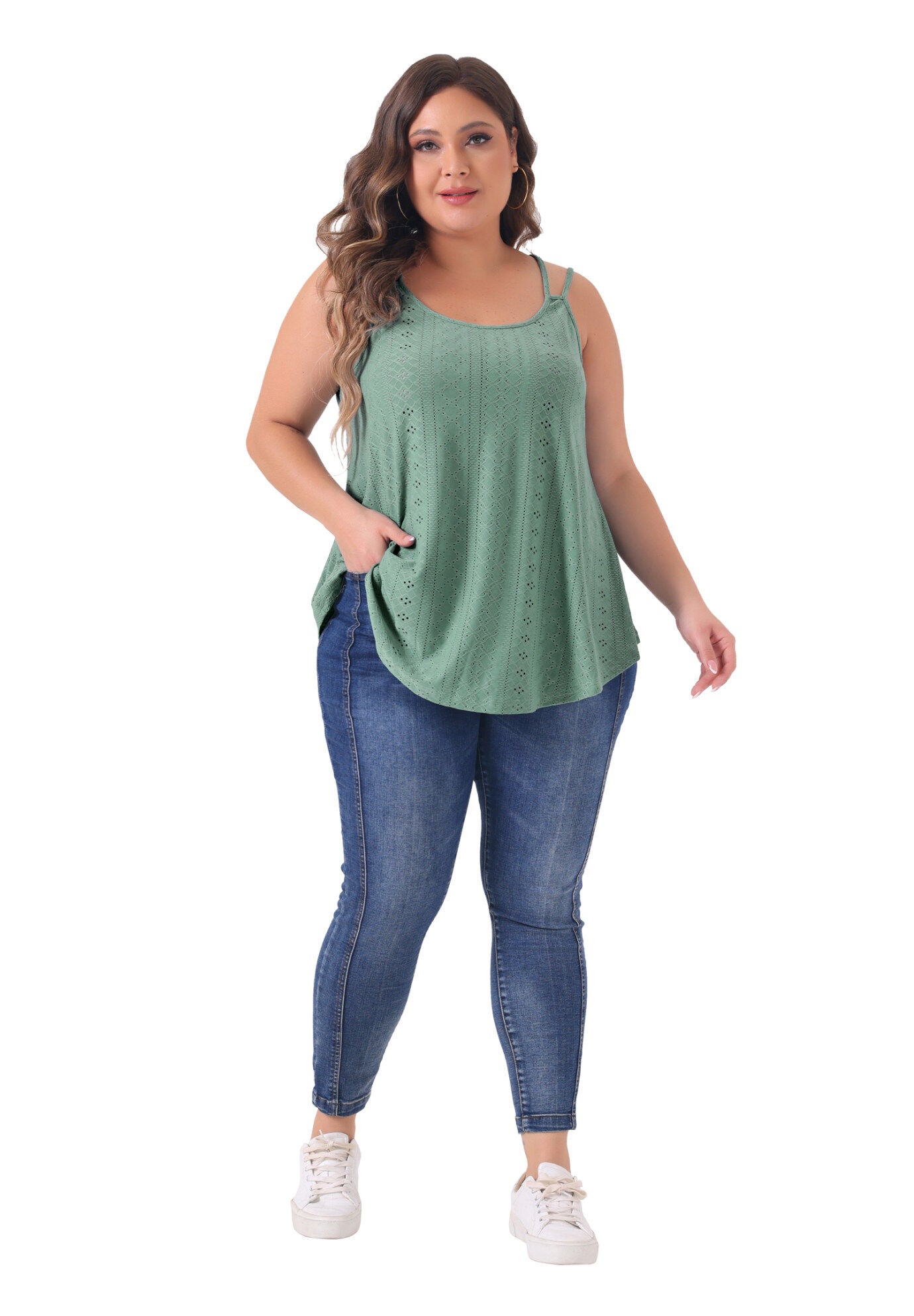 Eyelet Embroidery Sleeveless Spaghetti Strap Loose Fit Cami Tank Top, Gray Green / Light Green, hi-res image number 0