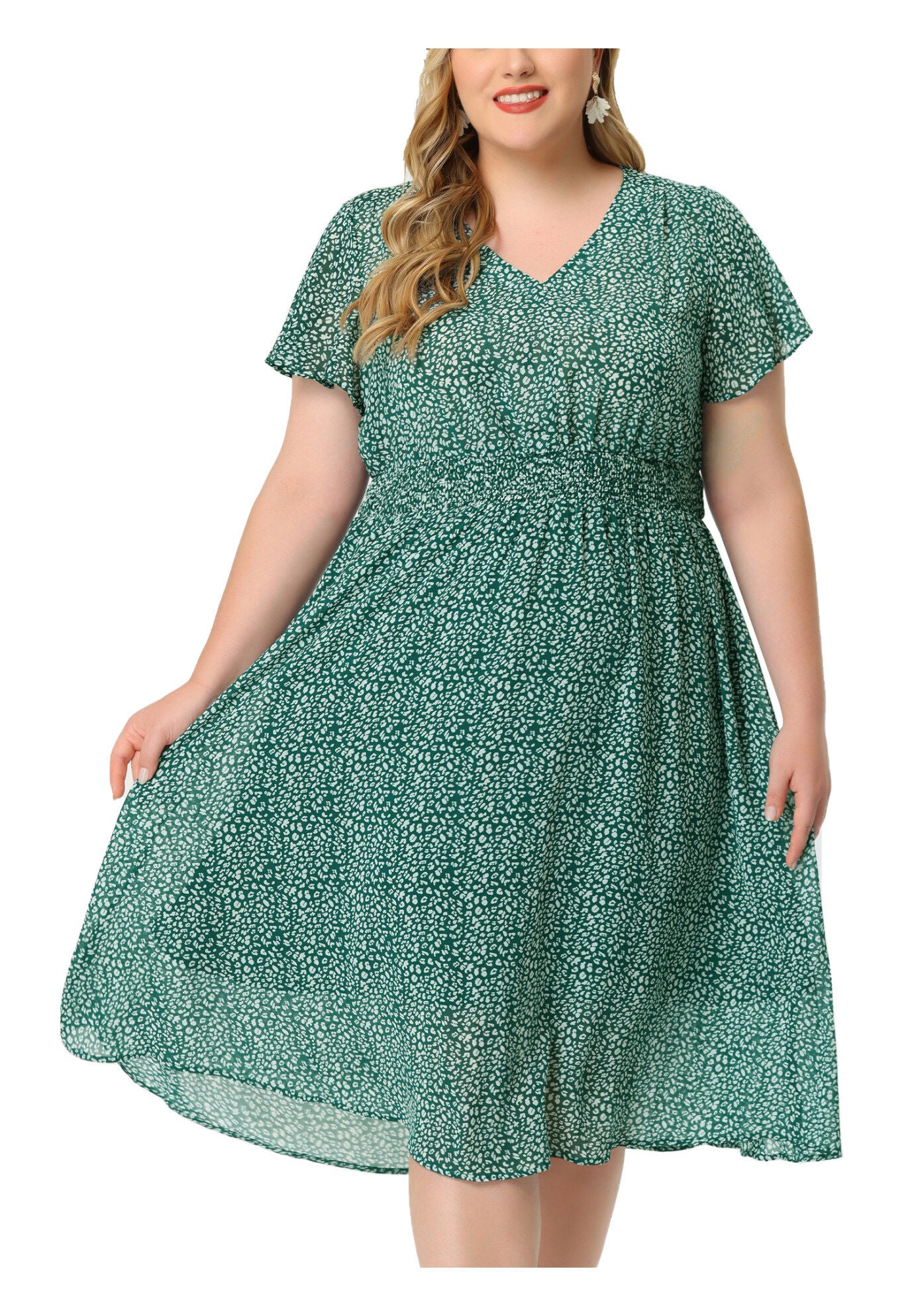 Summer Floral Print V Neck Smocked A-Line Flowy Midi Dress, Green / Hunter Green, alternate image number 2