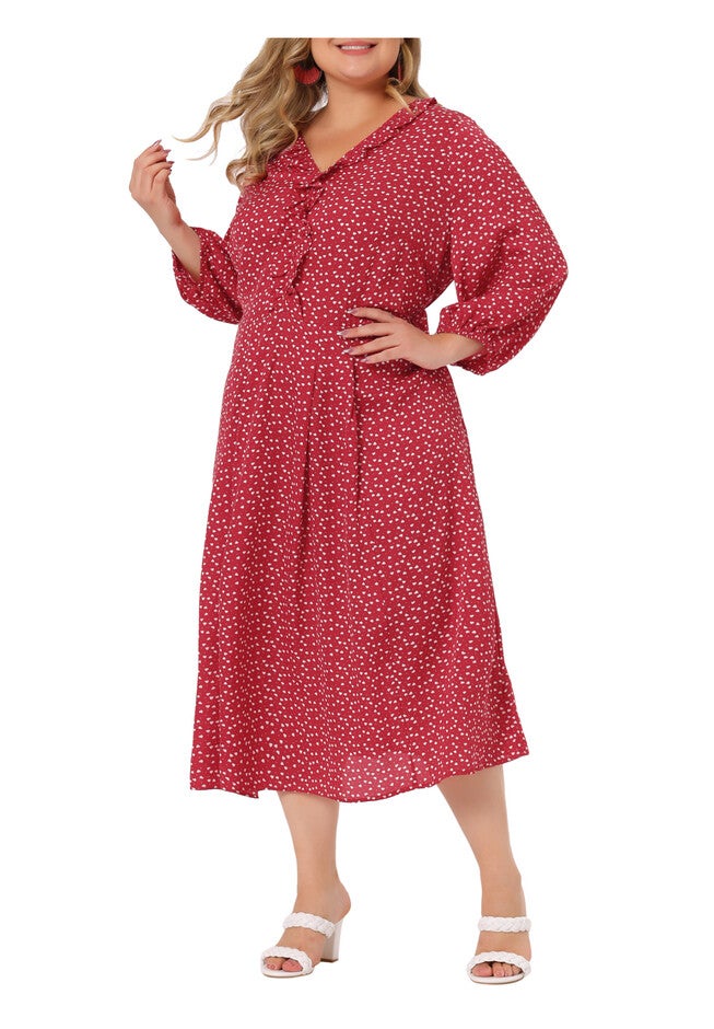 3/4 Sleeve Sweetheart Print Midi Ruffle Dress, Red / Red, alternate image number null