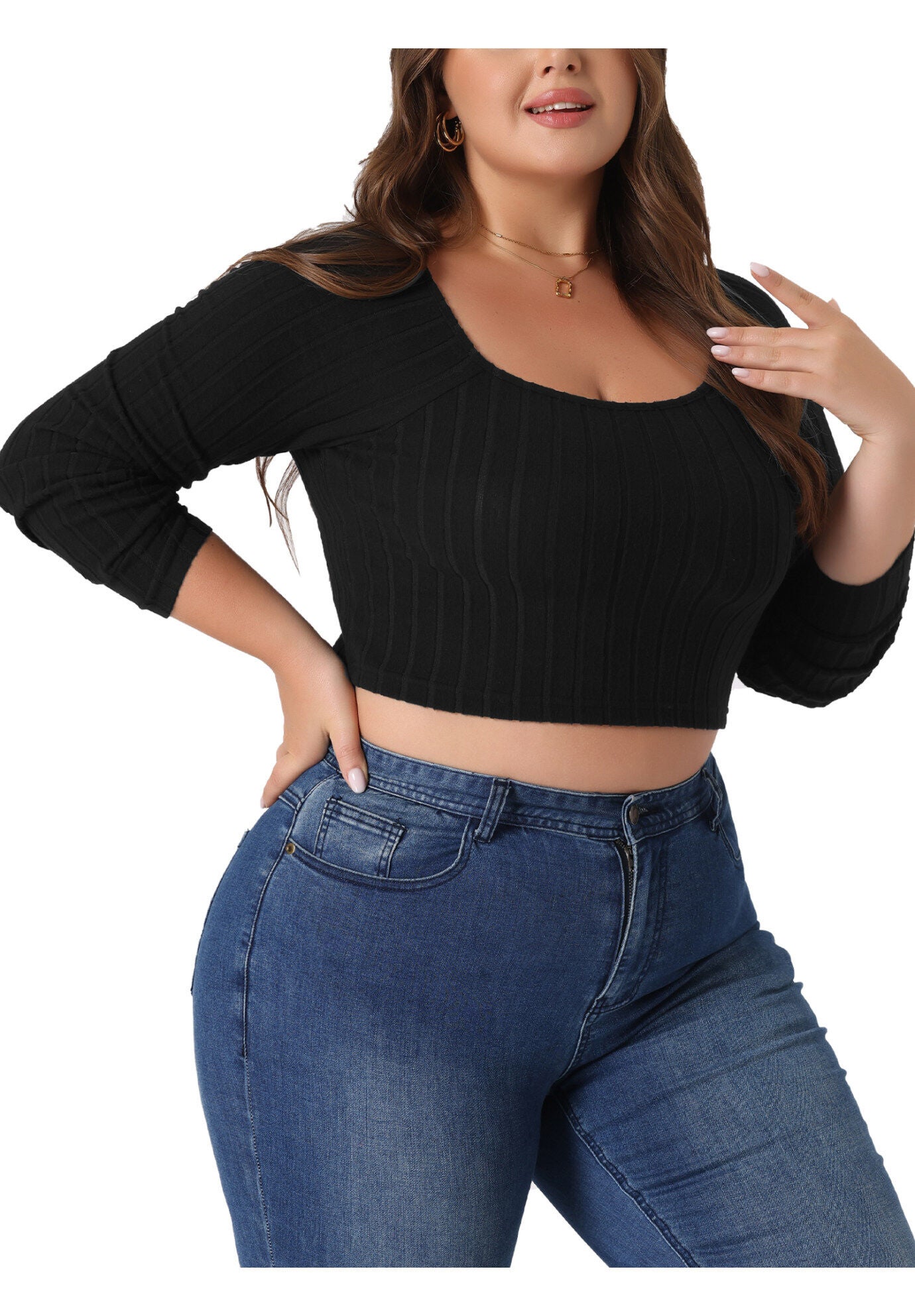 Square Neck Long Sleeve Slim Fitted T-Shirt Crop Tee Top, Black / Black, alternate image number 2