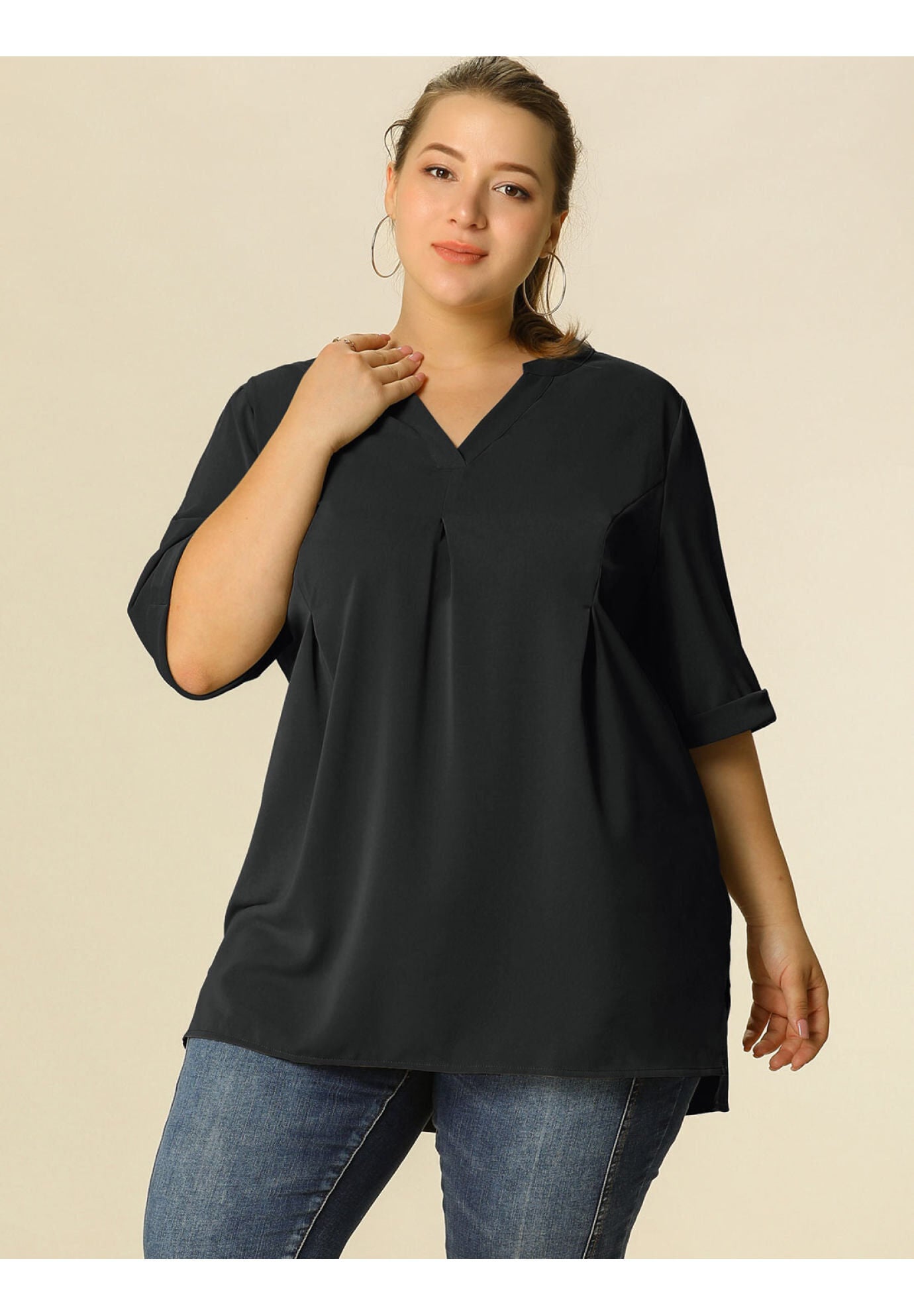 V Neck Casual Solid 1/2 Sleeve Tunic Blouse, Black / Black, alternate image number 1
