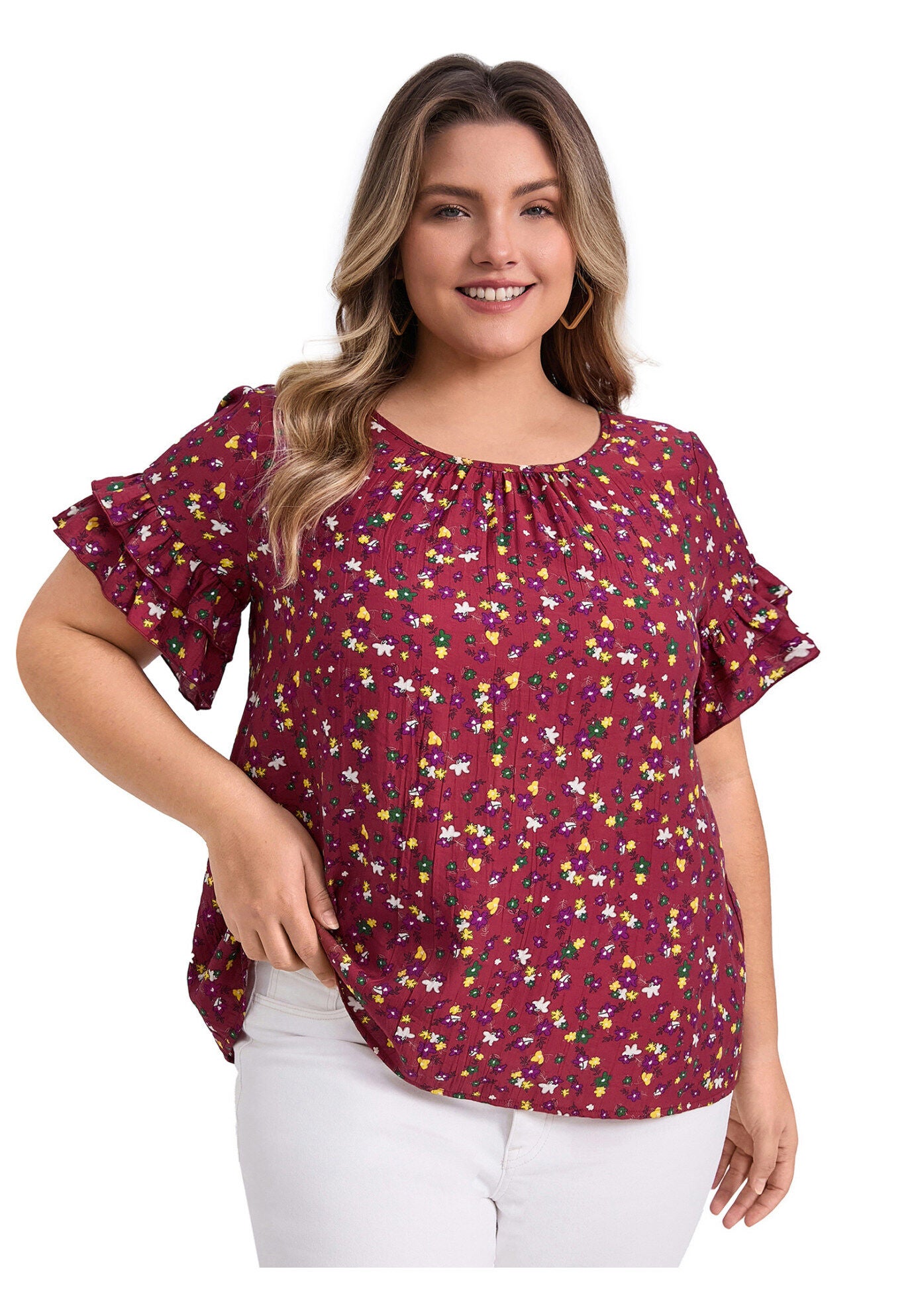 Floral Print Blouse Crew Neck Double Layer Ruffles Short Sleeve Top, Red / Red, hi-res image number 0