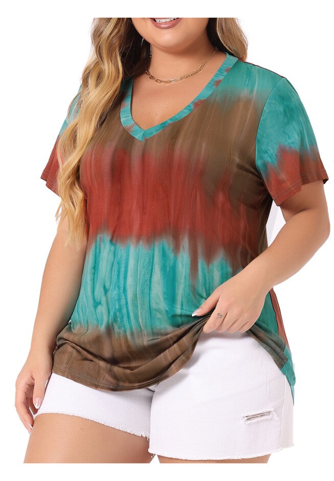 V Neck Short Sleeve Tie Dye Summer Top, Orange / Orange, alternate image number 1
