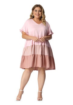 Babydoll Ruffle Short Sleeve Loose Flowy Swing Hem Chambray V Neck Mini Dress