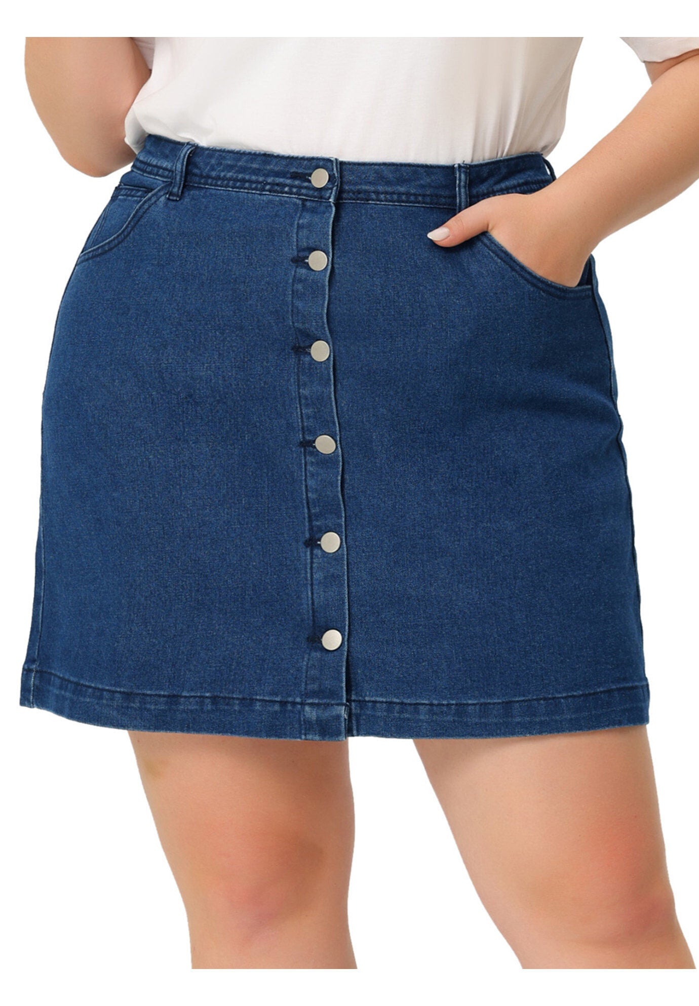 BUTTON SIDE POCKET A LINE JEAN MINI DENIM SKIRT, Navy Blue / Navy, alternate image number 2