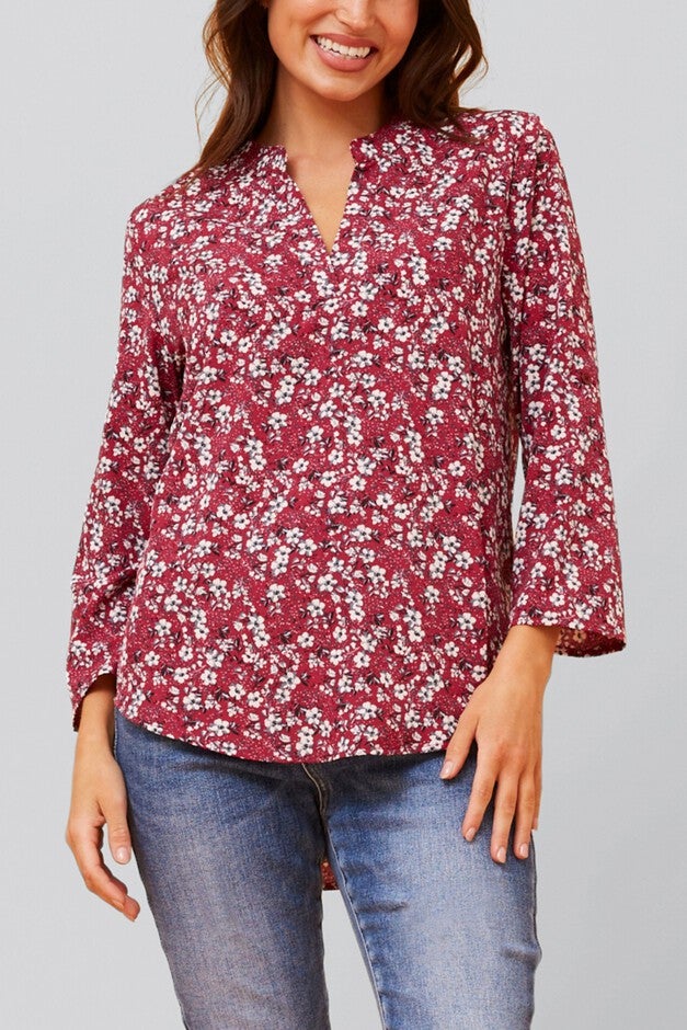 Elie Top Floral Ditsy Print V Neck Blouse Red, Red / Red, alternate image number 2