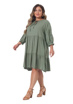 TIE NECK LACE SLEEVE RUFFLE MIDI FLOWY DRESS