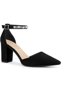 Pointed Toe Rhinestone Ankle Strap Chunky Heels Pumps