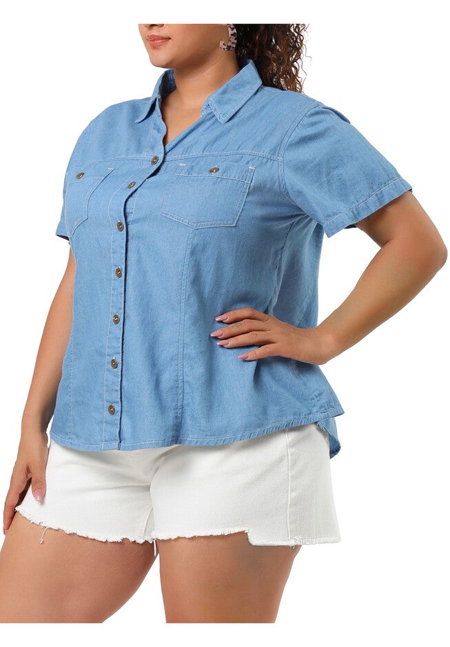 Short Sleeve Chambray Button Down Denim Shirt, Light Blue / Light Blue, alternate image number 2