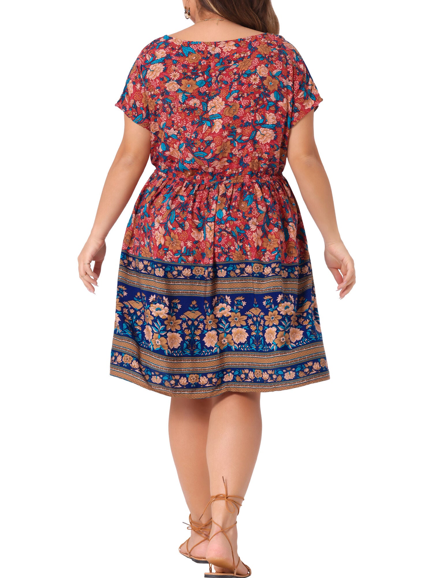 Boho Summer V Neck Drawstring Waist Short Sleeve Floral Print Dress, Royal Blue / Royal Blue, alternate image number 3