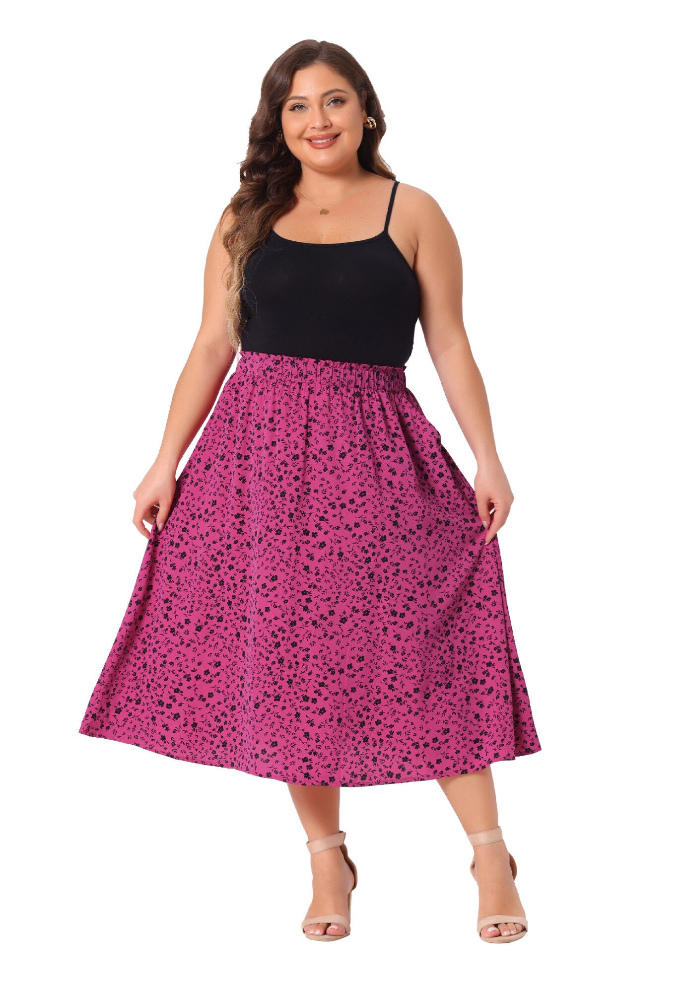 Printed Chiffon Elastic Waist Flowy Midi Skirt with Pockets, Hot Pink / Pink, hi-res image number 0