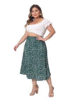 Printed Chiffon Elastic Waist Flowy Midi Skirt with Pockets