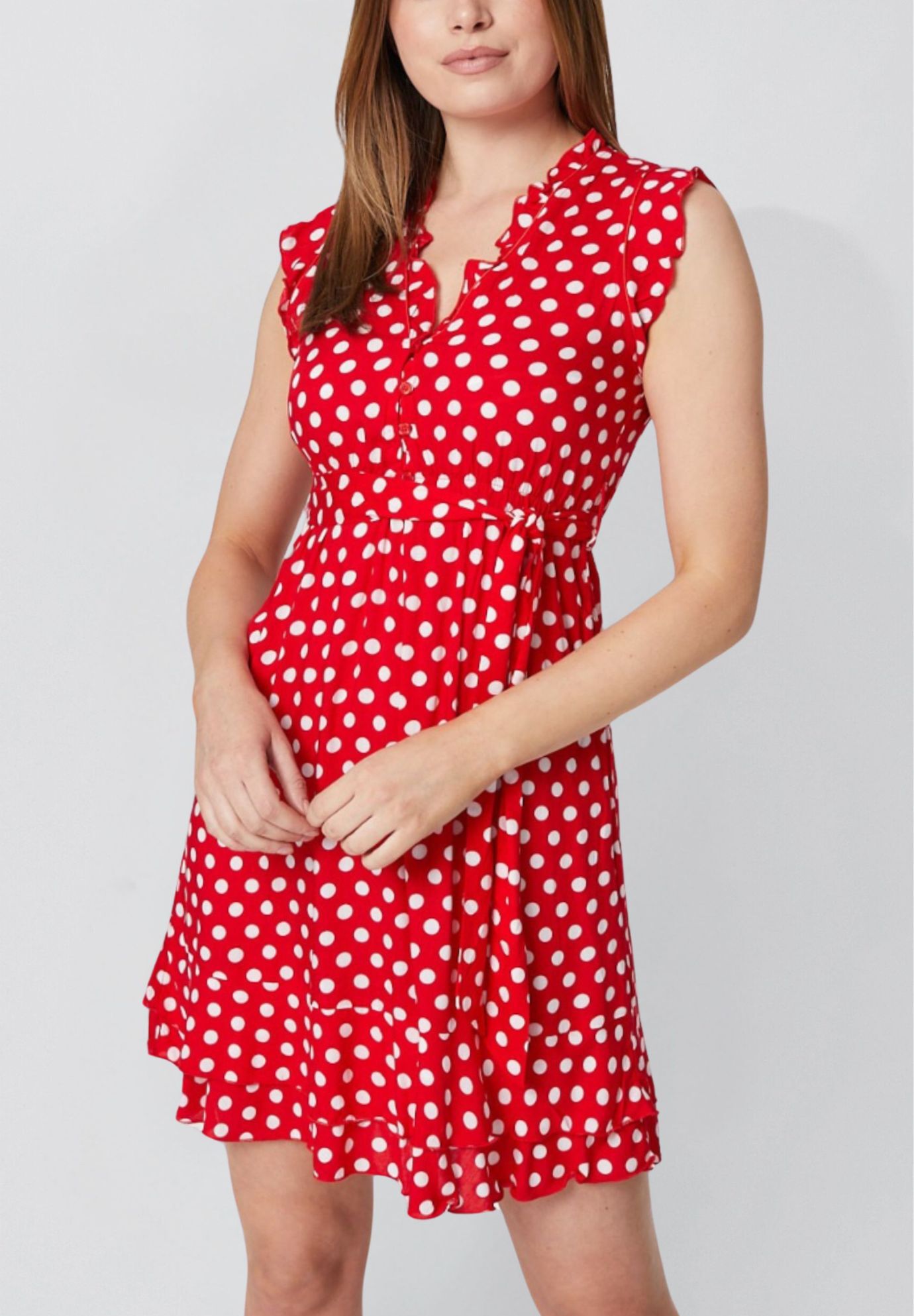 Annick - Natasha Polka Dot Short Dress with Belt, Pockets, and Ruffle Trim, Red / Red, alternate image number 3