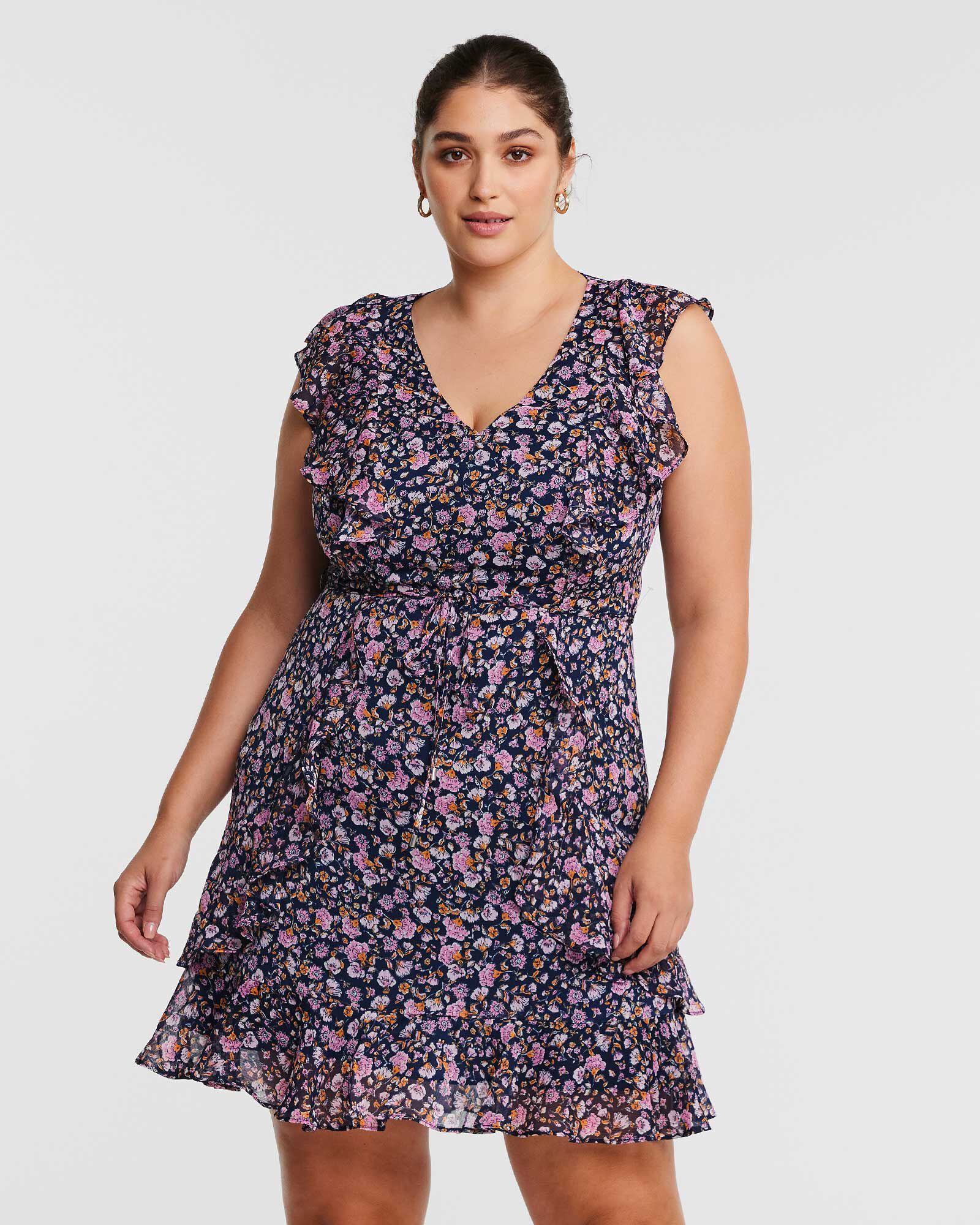 Rosebud Pink Mini Ruffle Dress, PRINT / Pink, alternate image number 1