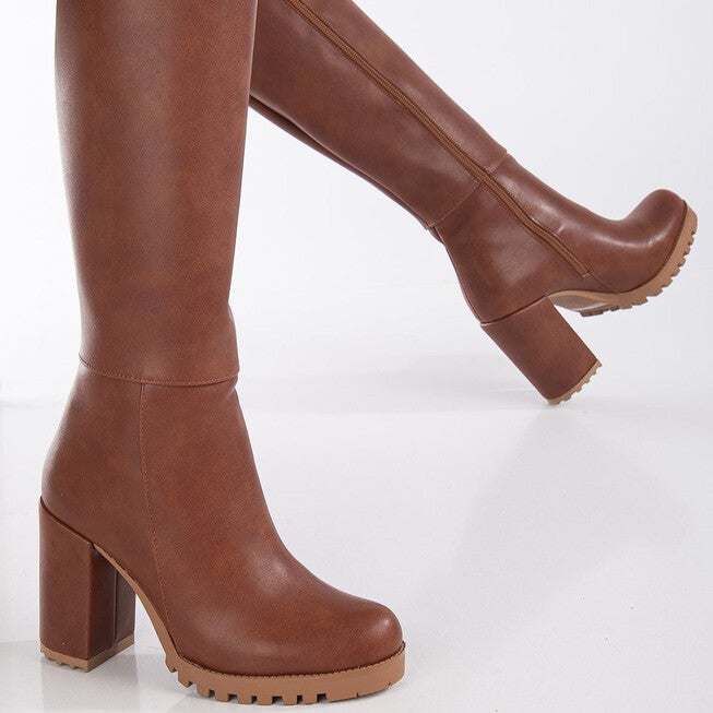 ALIZE - COGNAC BROWN WIDE CALF PLATFORM BOOTS, COGNAC BROWN / Brown, alternate image number 3