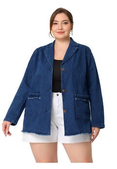 Notched Lapel Button Raw Hem Denim Blazer Jacket