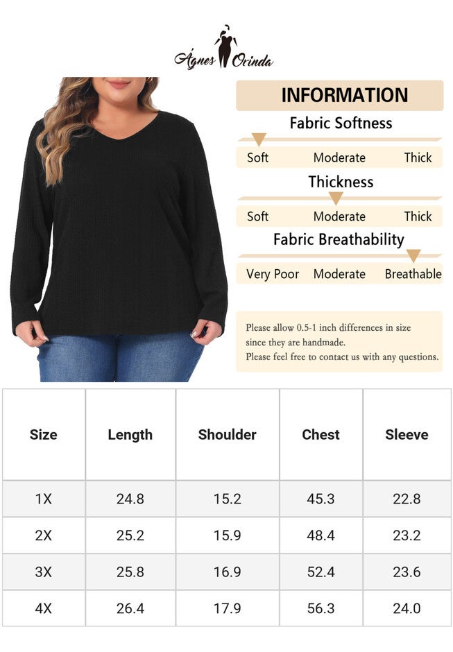 V Neck Long Sleeve Basic Knit Top Tee T-Shirt, Black / Black, alternate image number null