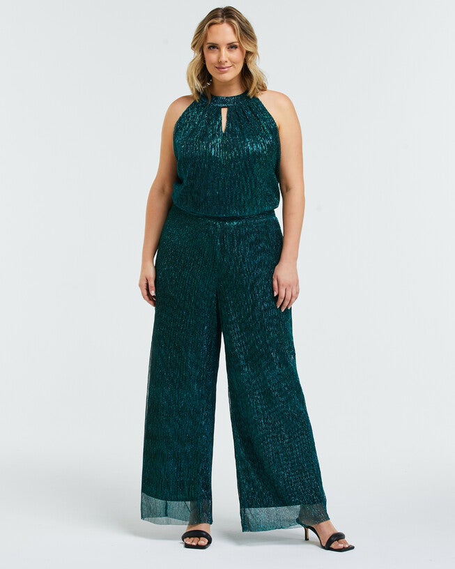 Camille Pink and Black Metallic Wide Leg Pant, Metallic Green / Teal, alternate image number 3