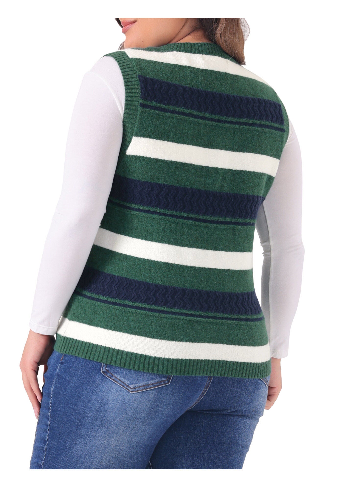 V Neck Striped Knit Casual Pullover Sweater Vest, Green / Hunter Green, alternate image number 3