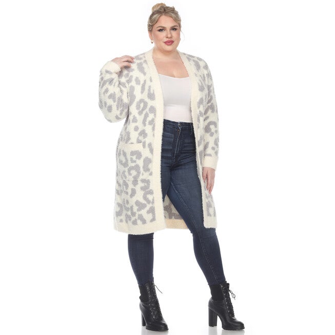 Leopard Print Open Front Sherpa Coat, Beige / White, alternate image number 4
