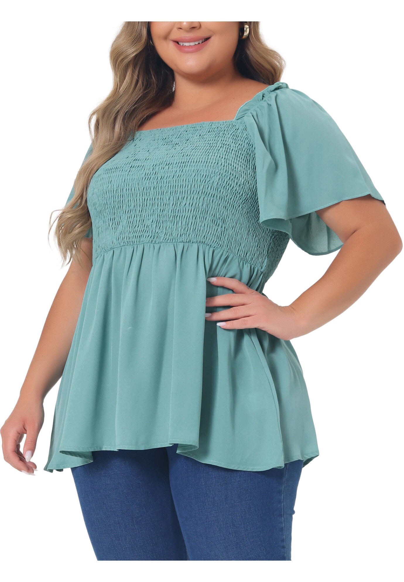 Square Neck Short Sleeve Ruffle Hem Loose Fit Blouse, Green / Mint, alternate image number 1