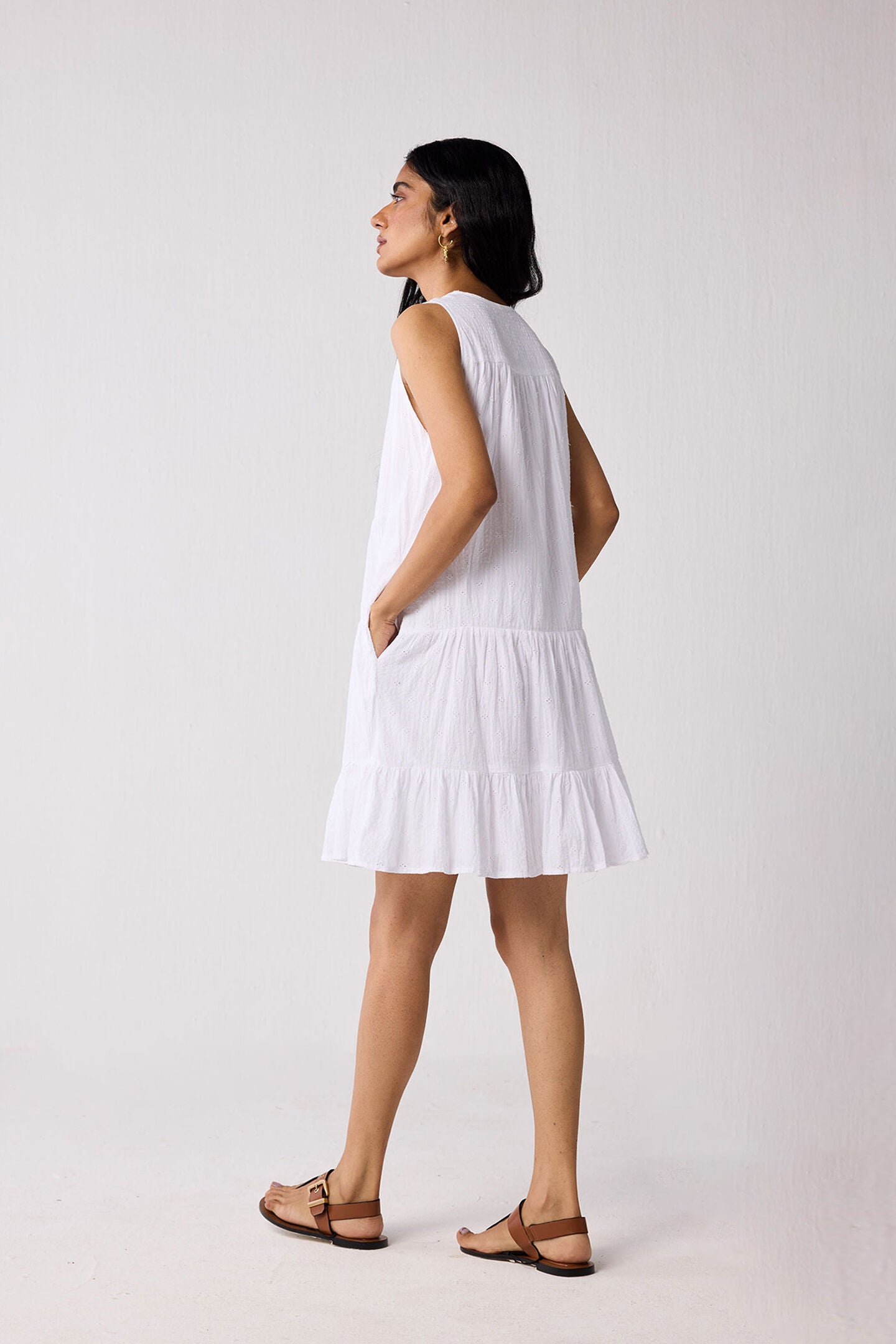 Embroidered Everyday Sleeveless Short Tiered Dress in White, Textured Eyelet in White / White, alternate image number 1