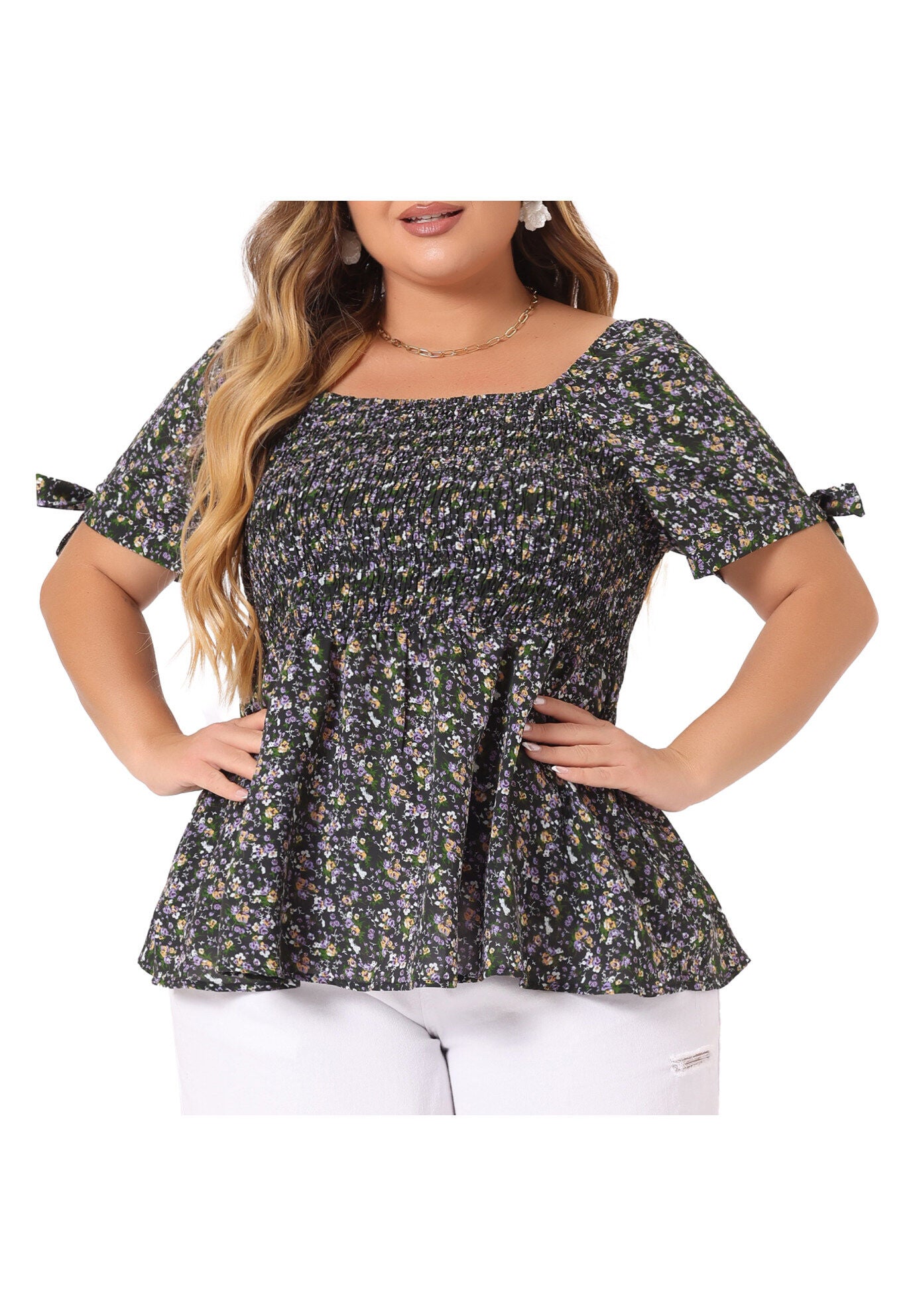 Summer Square Neck Smocked Bow Tie Short Sleeve Peplum Blouse, Black Purple / Purple, alternate image number 2