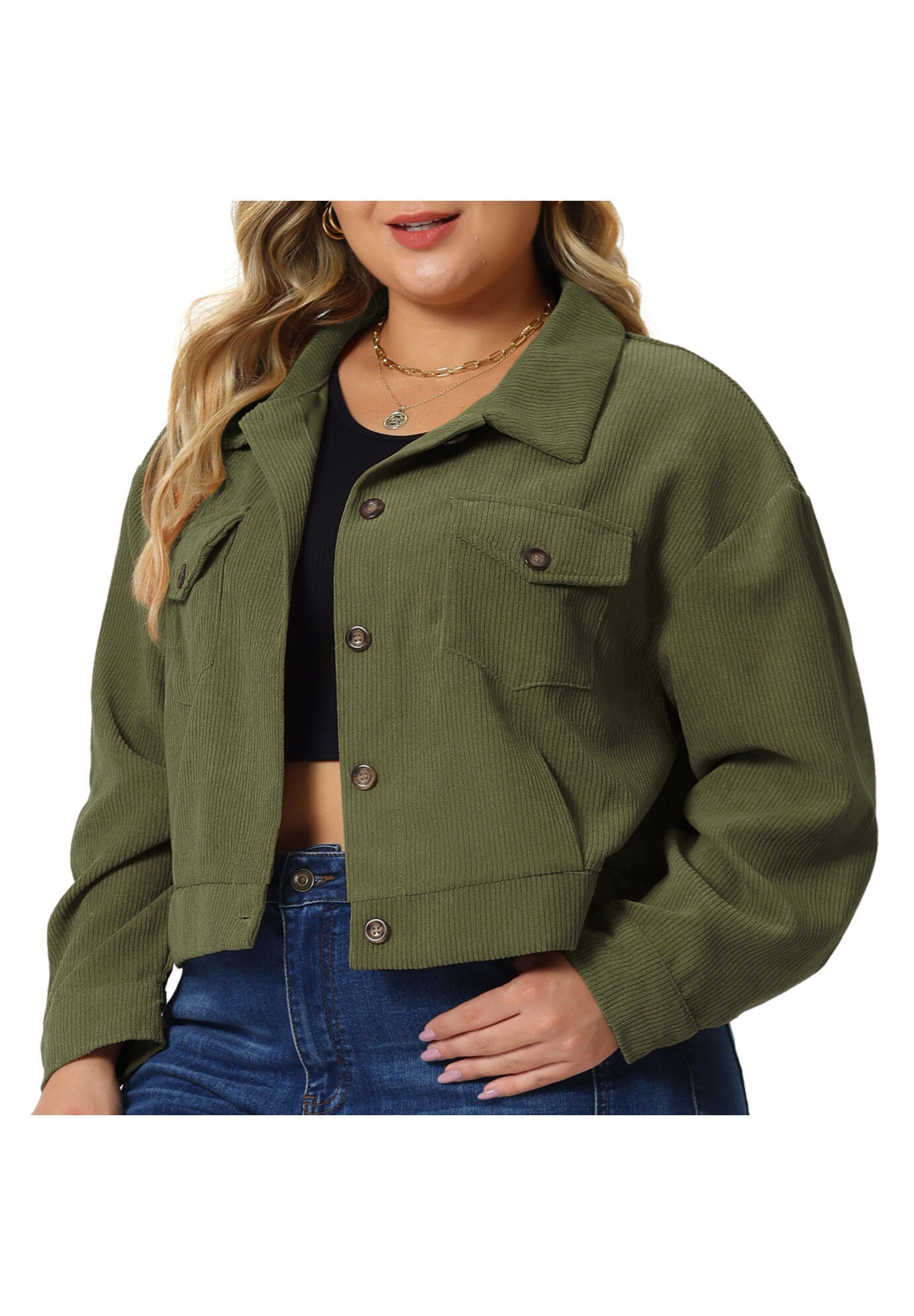 CORDUROY CROPPED BUTTON DOWN LONG SLEEVE SHIRT SHACKET JACKET, Army Green / Olive Green, alternate image number 2
