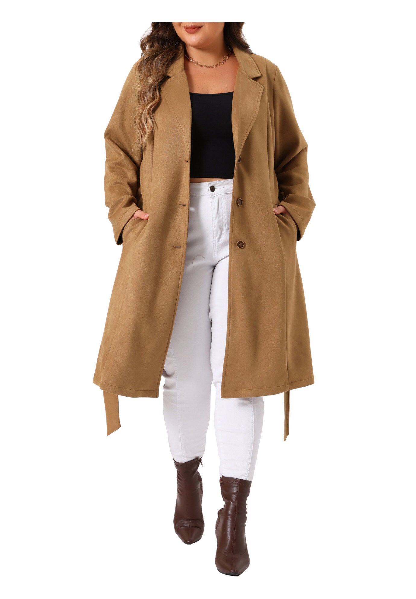 NOTCH LAPEL FAUX SUEDE LONG TRENCH COAT, Brown / Brown, alternate image number 2