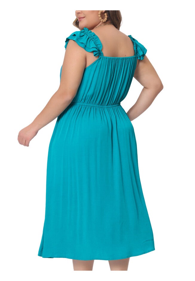 Ruffle Cap Sleeve Shirred Waist A Line Beach Sundress, Lake Blue / Teal, alternate image number 2