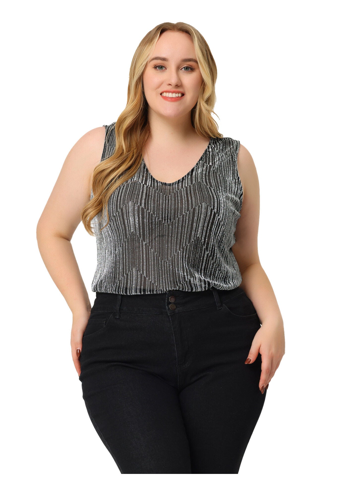 SEQUIN TOP SLEEVELESS GLITTER GRADIENT TANK VEST, Silver / Silver, hi-res image number 0