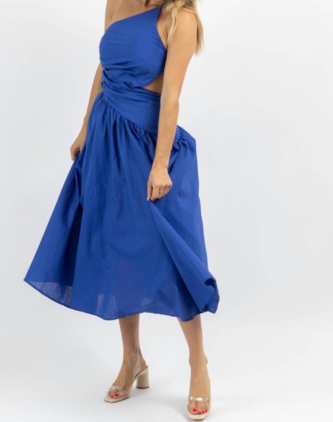 ASYMMETRIC RUCHE MIDI DRESS IN DEEP WATERS, , alternate image number null