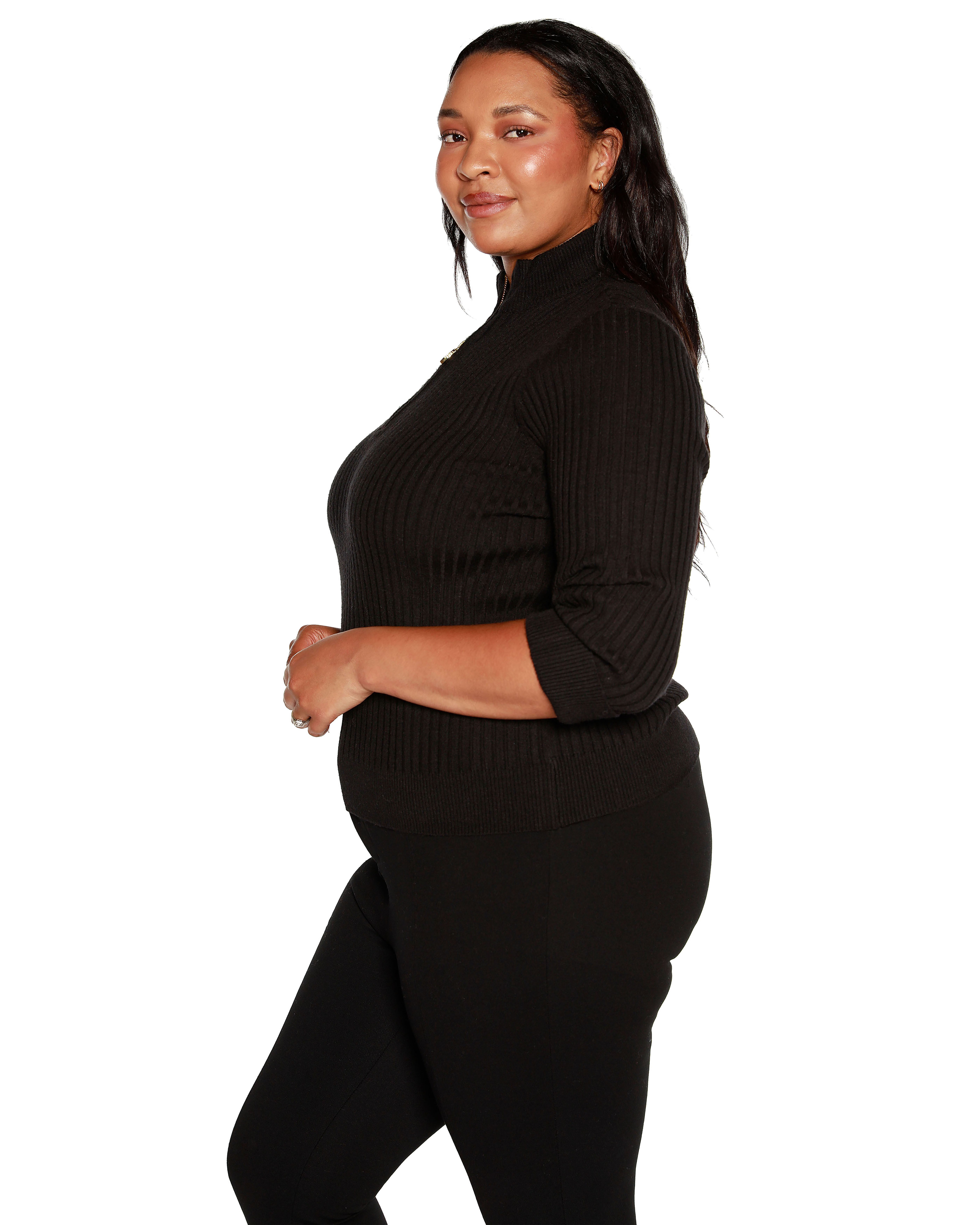 RIBBED QUARTER-ZIP SWEATER, Black / Black, alternate image number 1