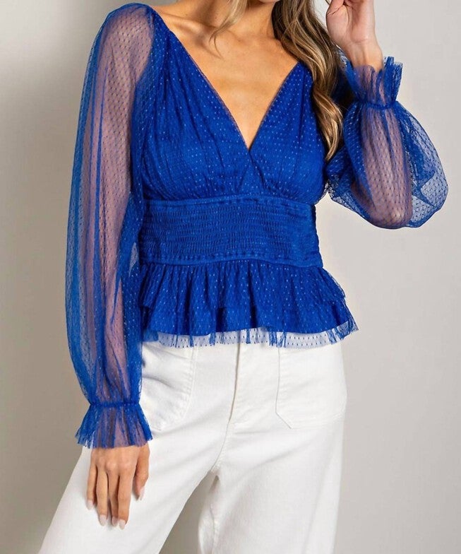 V NECK MESH DOT SLEEVE BLOUSE IN ROYAL BLUE, Royal Blue / Royal Blue, hi-res image number null