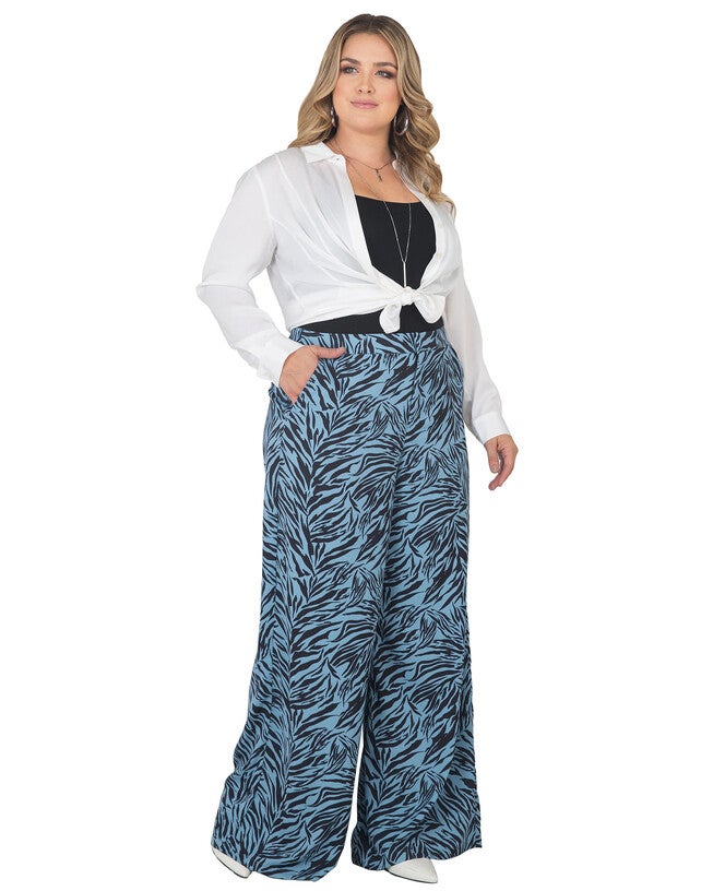 Plus Size Marnie High Waist Wide Leg Pants, Zebra Fever / Light Blue, alternate image number 4
