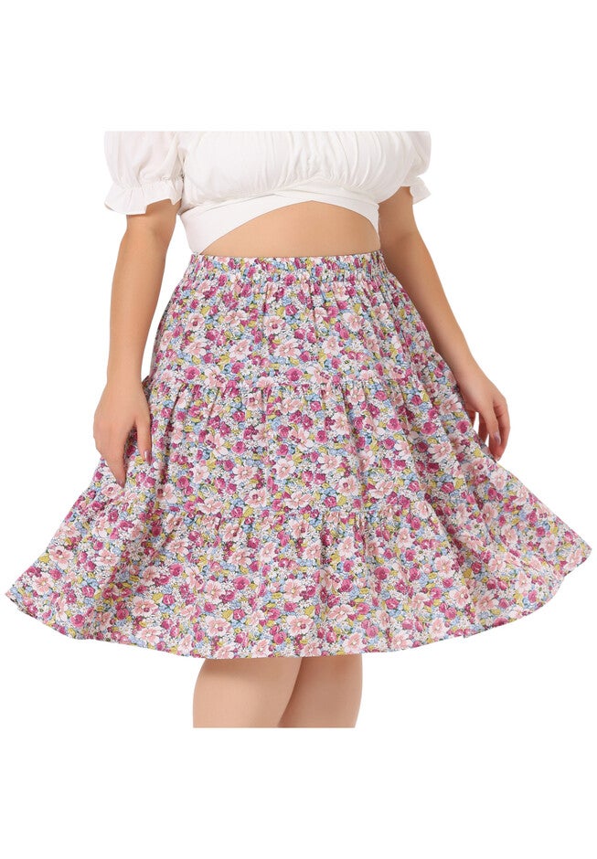 Summer Floral A-Line Stretch High Waist Tiered Skirt, Fuchsia Pink / Deep Fuchsia, alternate image number 4