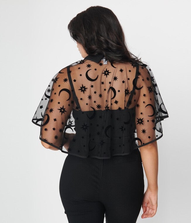 Unique Vintage Black Flocked Moon & Stars Clarke Capelet, BlackStars Moon / Black, alternate image number null